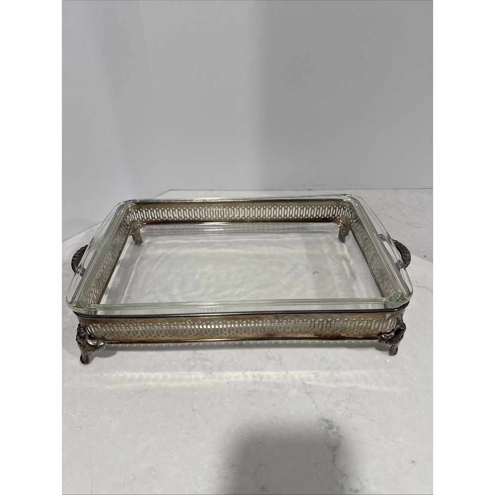 Vntg Godlinger Silver Plate Footed Dish Casserole Server Glass Liner 18x10 inch